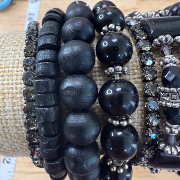 Black Beaded & Rhinestone Bracelet Stack Set Of 10 Stretchable For Wear Or Craft - Picture 6 of 10